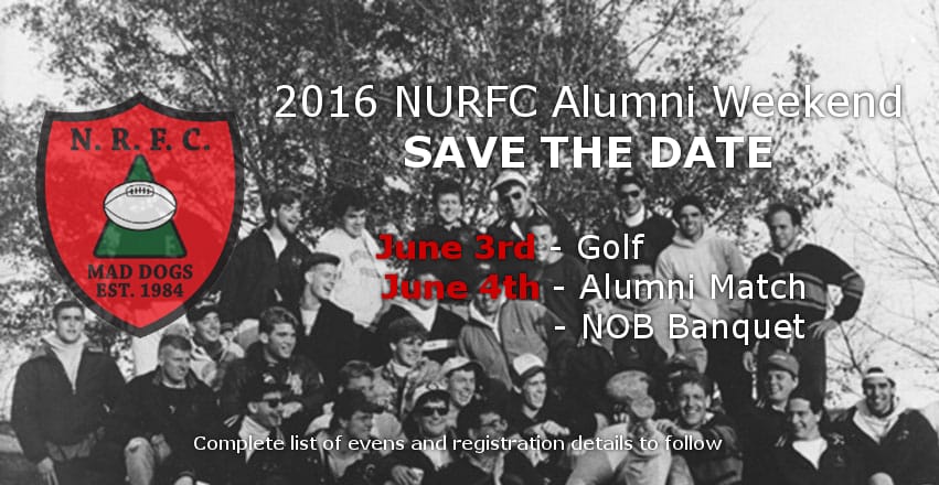 2016 NURFC Alumni Weekend save-the-date graphic with an early team photo