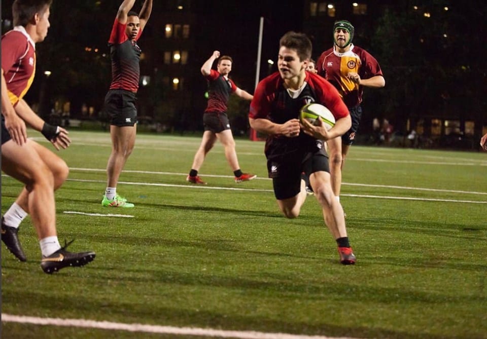 A Maddog breaks through the BC defense under the lights