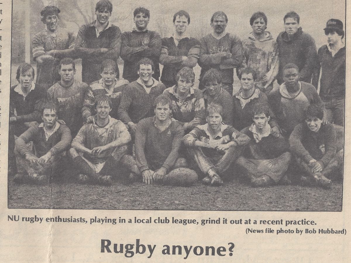 Newspaper clipping of the original 1984 Northeastern rugby squad, headlined Rugby anyone?