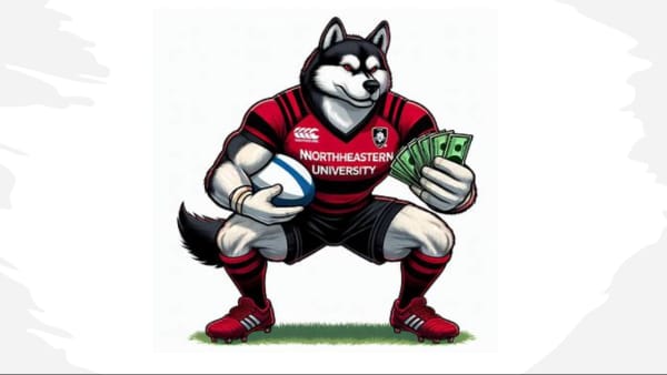 A cartoon husky in a Northeastern rugby kit holding a ball and cash