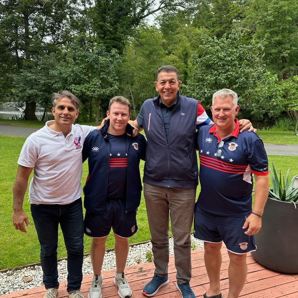 Ed Tubridy and Eric Graham with former France captain Abdel Benazzi and former Argentina captain Lisandro Arbizu at the French Rugby Federation headquarters