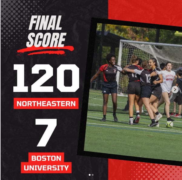 Final score graphic: Northeastern 120, Boston University 7