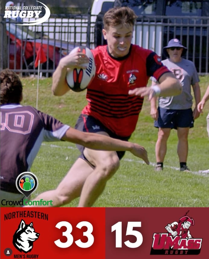 Final score graphic: Northeastern men 33, UMass 15