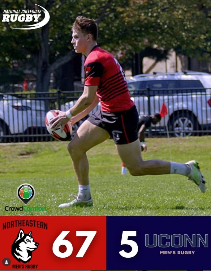 Final score graphic: Northeastern men 67, UConn 5