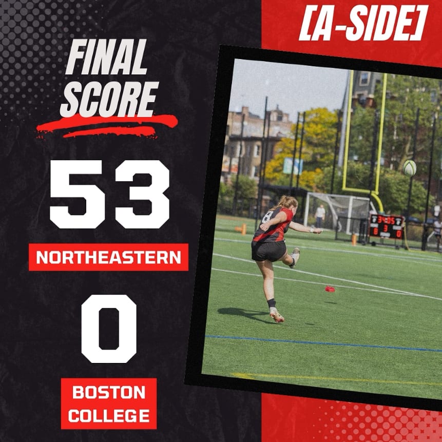 Final score graphic: Northeastern 53, Boston College 0