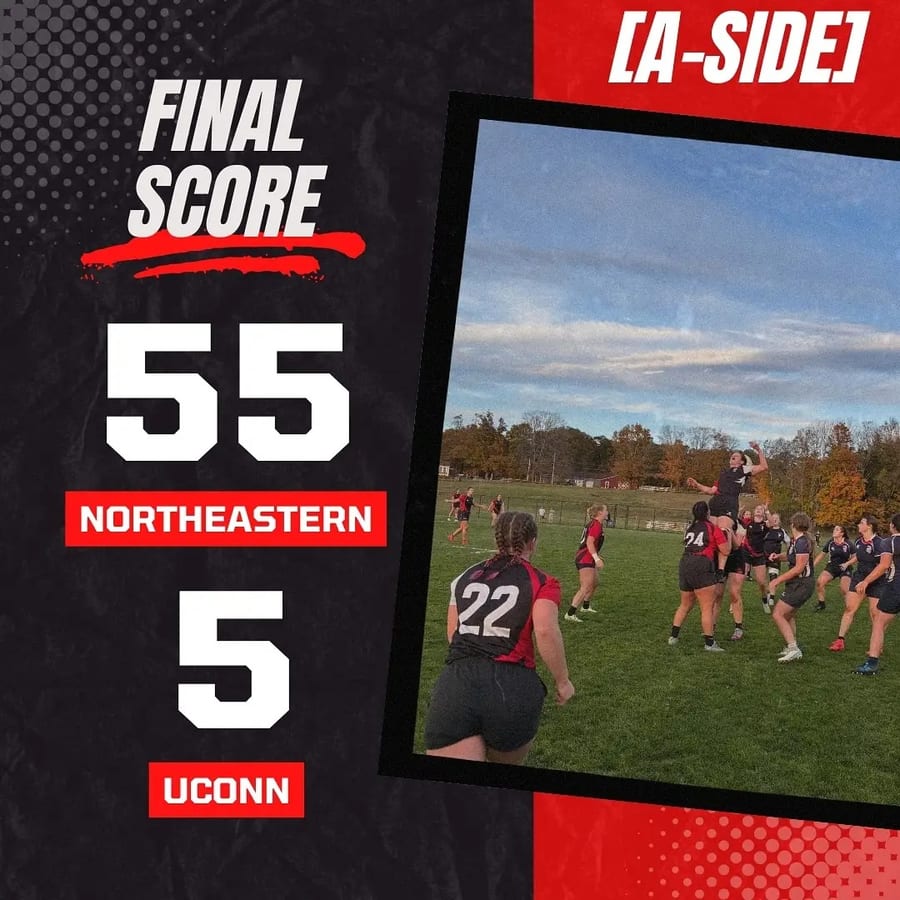 Final score graphic: Northeastern women 55, UConn 5