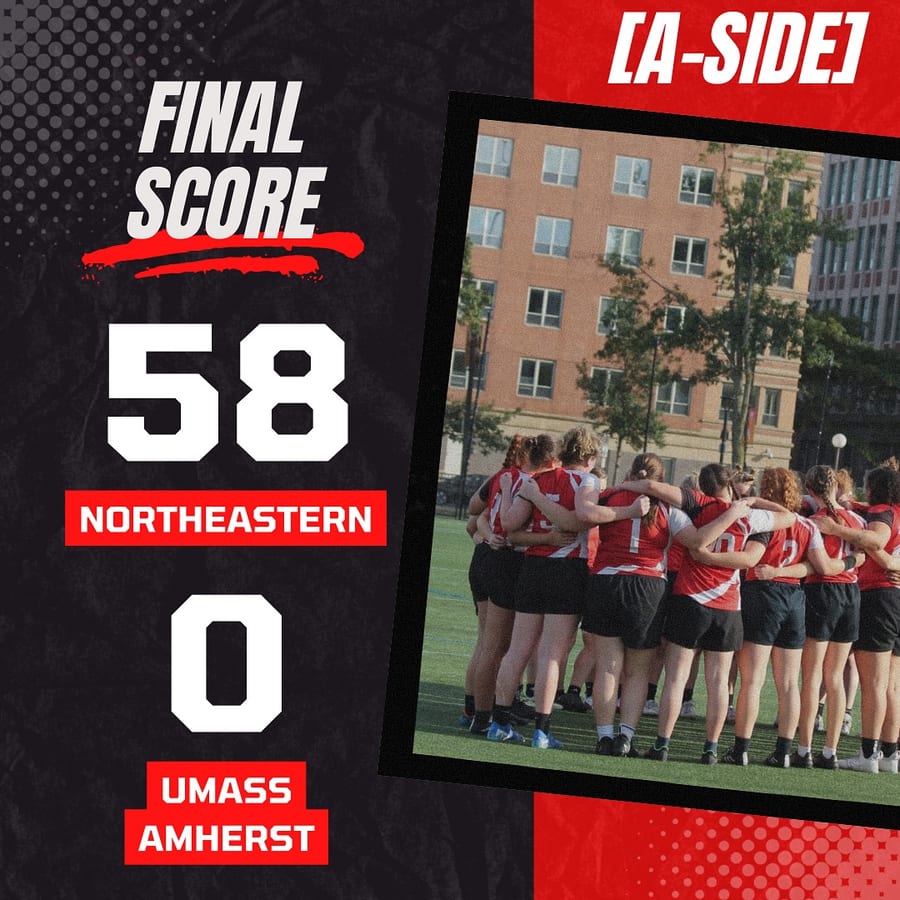 Final score graphic: Northeastern 58, UMass Amherst 0