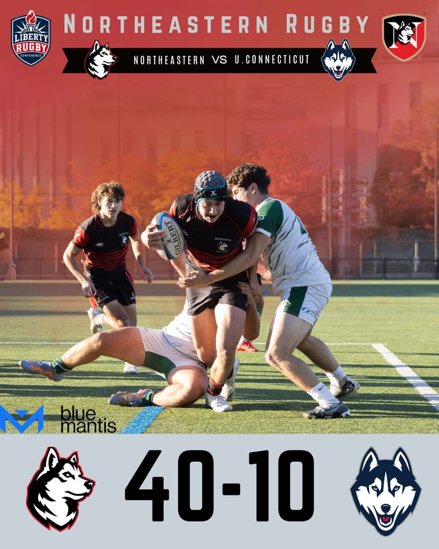 Final score graphic: Northeastern 40, UConn 10