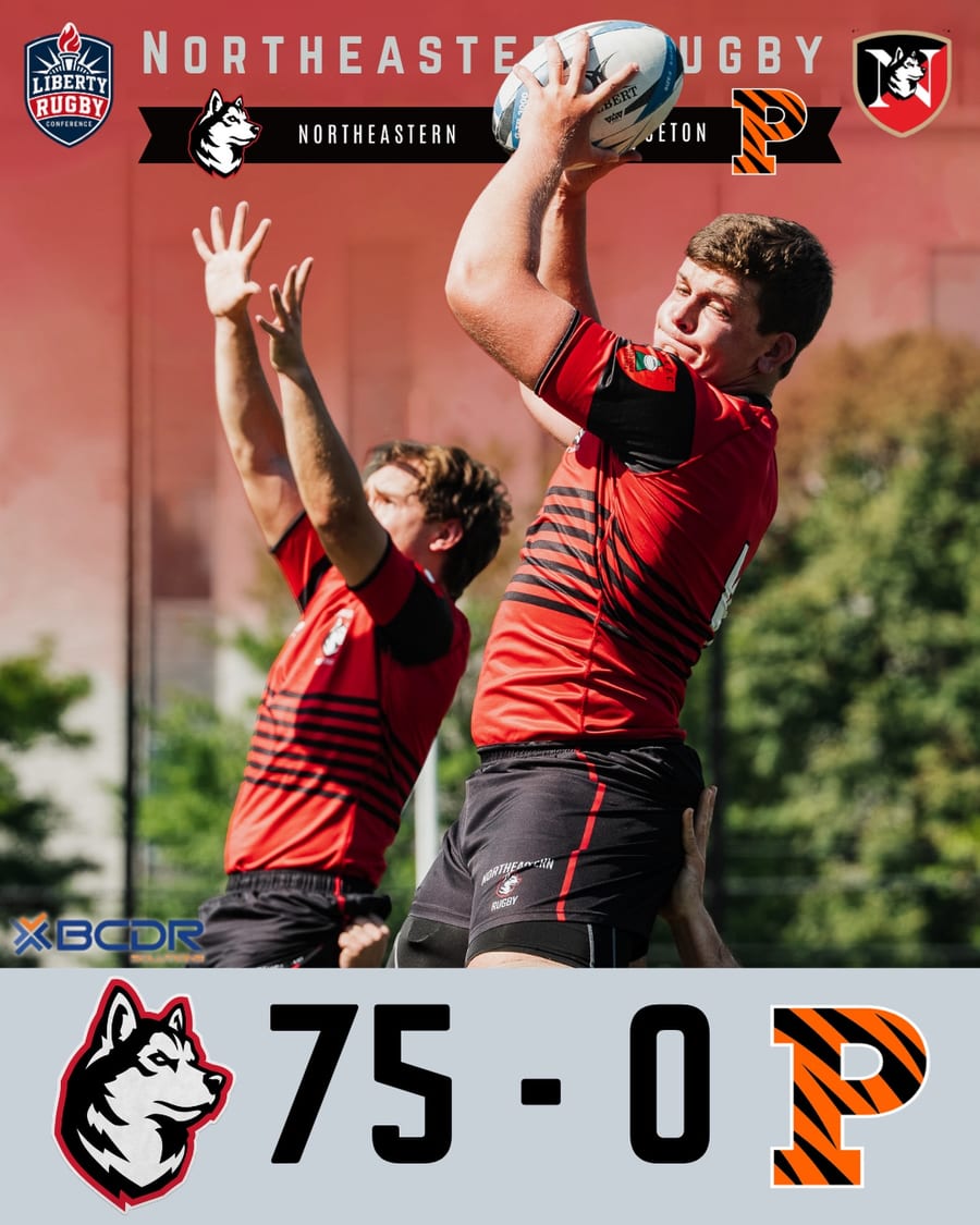 Final score graphic: Northeastern 75, Princeton 0